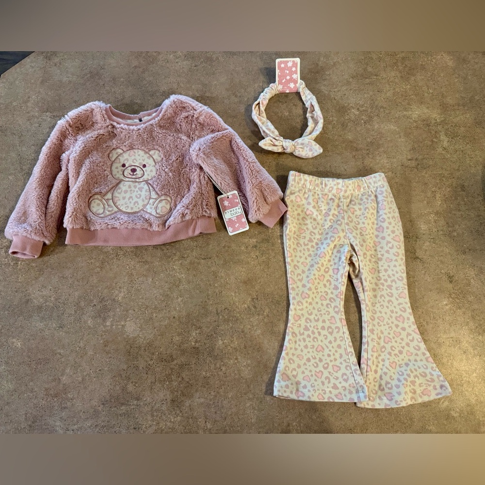 btween Pink Teddy Bear Cozy Fleece 2 Piece Animal print Set w/ Headband,Size 12M